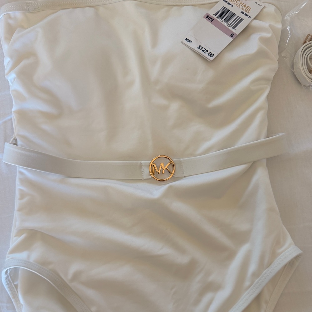 Michael Kors White One-Piece with Gold MK Emblem Belt
